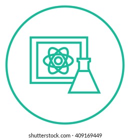 Atom sign drawn on board and flask line icon.