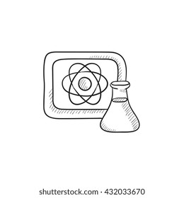 Atom sign drawn on board and flask vector sketch icon isolated on background. Hand drawn Atom sign on board and flask icon. Atom sign on board and flask sketch icon for infographic, website or app.