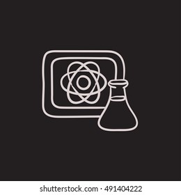 Atom sign drawn on board and flask vector sketch icon isolated on background. Hand drawn Atom sign on board and flask icon. Atom sign on board and flask sketch icon for infographic, website or app.