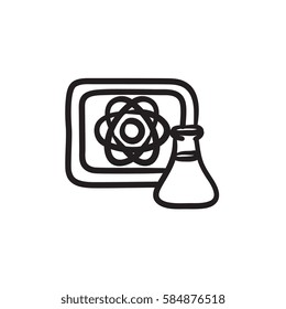 Atom sign drawn on board and flask vector sketch icon isolated on background. Hand drawn Atom sign on board and flask icon. Atom sign on board and flask sketch icon for infographic, website or app.