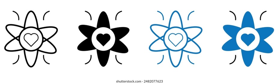 Atom sign with heart vector set. Icon of core values with editable stroke.