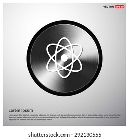 Atom sign icon - abstract logo type icon - abstract steel metal button background. Vector illustration