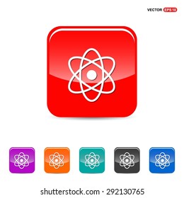 Atom sign icon - abstract logo type icon - red, orange, turquoise, black and blue 3d button background. Vector illustration