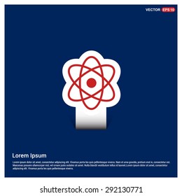 Atom sign icon - abstract logo type icon - Red & white sticker icon on blue background. Vector illustration
