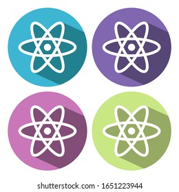 Atom sign icon. Atom part symbol. Circle buttons with long shadow. 4 icons set. Vector