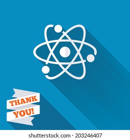 Atom sign icon. Atom part symbol. White flat icon with long shadow. Paper ribbon label with Thank you text. Vector