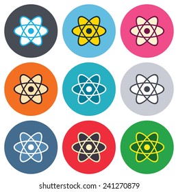 Atom sign icon. Atom part symbol. Colored round buttons. Flat design circle icons set. Vector