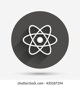 Atom sign icon. Atom part symbol. Circle flat button with shadow. Vector