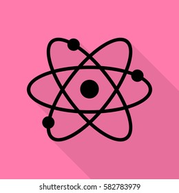 Atom sign illustration. Black icon with flat style shadow path on pink background.