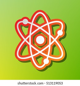 Atom sign illustration. Contrast icon with reddish stroke on green backgound.