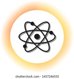 Atom sign illustration. Dark icon with shadow on the glowing circle button. Illustration.