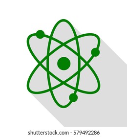 Atom sign illustration. Green icon with flat style shadow path.
