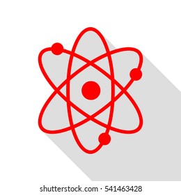 Atom sign illustration. Red icon with flat style shadow path.