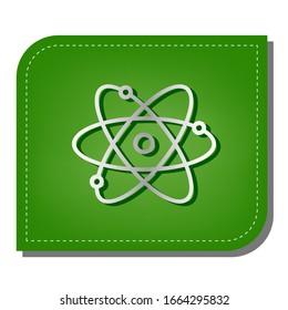 Atom sign illustration. Silver gradient line icon with dark green shadow at ecological patched green leaf. Illustration.