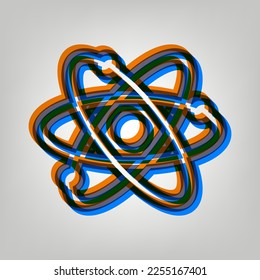 Atom sign illustration. Stroked Icon in orange, azure and old lavender Colors at gray Background. Illustration.