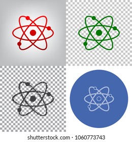 Atom sign illustration. Vector. 4 styles. Red gradient in radial lighted background, green flat and gray scribble icons on transparent and linear one in blue circle.