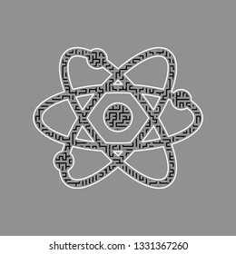 Atom sign illustration. Vector. Black maze filled icon with white border at gray background.