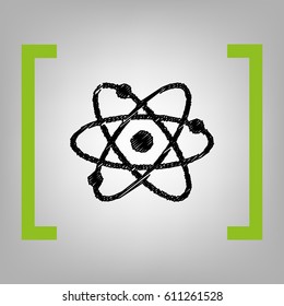 Atom sign illustration. Vector. Black scribble icon in citron brackets on grayish background.