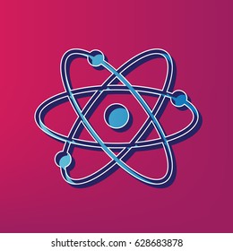 Atom sign illustration. Vector. Blue 3d printed icon on magenta background.
