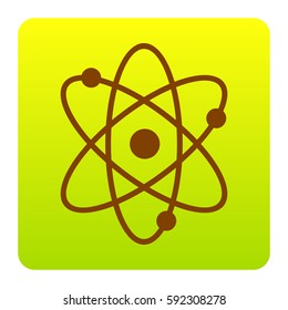 Atom sign illustration. Vector. Brown icon at green-yellow gradient square with rounded corners on white background. Isolated.