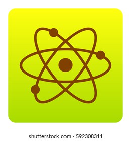 Atom sign illustration. Vector. Brown icon at green-yellow gradient square with rounded corners on white background. Isolated.