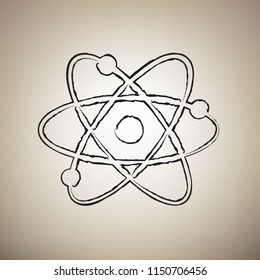 Atom sign illustration. Vector. Brush drawed black icon at light brown background.