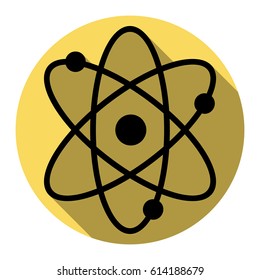 Atom sign illustration. Vector. Flat black icon with flat shadow on royal yellow circle with white background. Isolated.