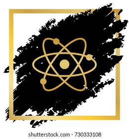 Atom sign illustration. Vector. Golden icon at black spot inside golden frame on white background.
