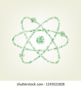 Atom sign illustration. Vector. Green hexagon rastered icon and noised opacity and size at light green background with central light.