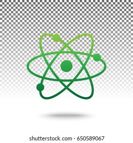 Atom sign illustration. Vector. Green gradient icon with shadow at bottom on transparent and white background.