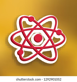 Atom sign illustration. Vector. Magenta icon with darker shadow, white sticker and black popart shadow on golden background.