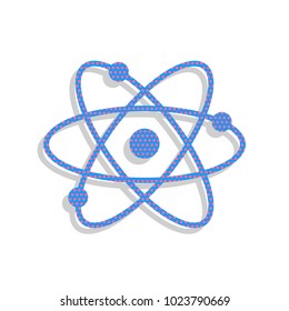 Atom sign illustration. Vector. Neon blue icon with cyclamen polka dots pattern with light gray shadow on white background. Isolated.