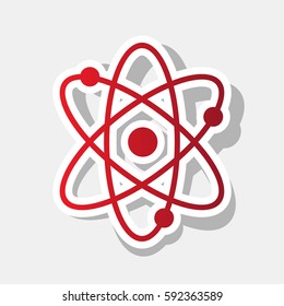 Atom sign illustration. Vector. New year reddish icon with outside stroke and gray shadow on light gray background.