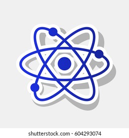 Atom sign illustration. Vector. New year bluish icon with outside stroke and gray shadow on light gray background.