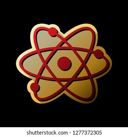 Atom sign illustration. Vector. Red icon with small black and limitless shadows at golden sticker on black background.