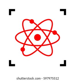 Atom sign illustration. Vector. Red icon inside black focus corners on white background. Isolated.