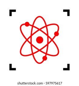 Atom sign illustration. Vector. Red icon inside black focus corners on white background. Isolated.