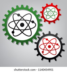 Atom sign illustration. Vector. Three connected gears with icons at grayish background.