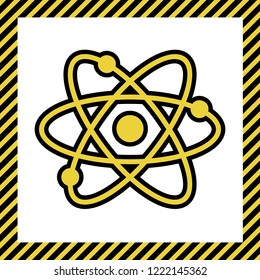 Atom sign illustration. Vector. Warm yellow icon with black contour in frame named as under construction at white background. Isolated.