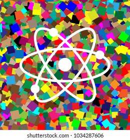 Atom sign illustration. Vector. White icon on colorful background with seamless pattern from squares.
