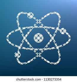 Atom sign illustration. Vector. White textured icon at lapis lazuli gradient background.