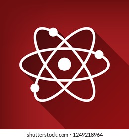 Atom sign illustration. Vector. White icon with limitless shadow at ruby red background.