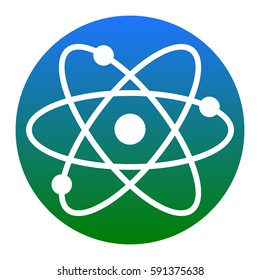 Atom sign illustration. Vector. White icon in bluish circle on white background. Isolated.