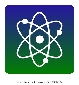 Atom sign illustration. Vector. White icon at green-blue gradient square with rounded corners on white background. Isolated.