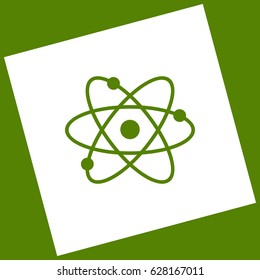 Atom sign illustration. Vector. White icon obtained as a result of subtraction rotated square and path. Avocado background.