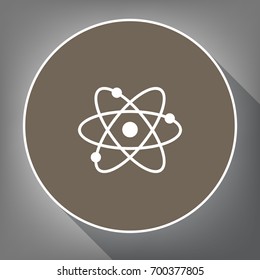 Atom sign illustration. Vector. White icon on brown circle with white contour and long shadow at gray background. Like top view on postament.