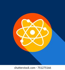 Atom sign illustration. Vector. White icon on tangelo circle with infinite shadow of light at cool black background. Selective yellow and bright navy blue are produced.