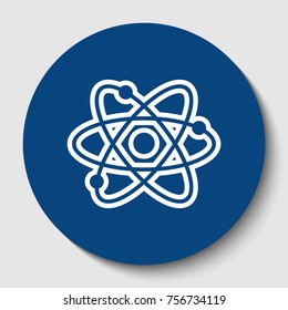 Atom sign illustration. Vector. White contour icon in dark cerulean circle at white background. Isolated.