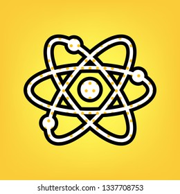 Atom sign illustration. Vector. Yellow polka dot white icon with black contour at warm yellow background.