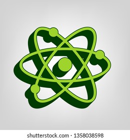 Atom sign illustration. Vector. Yellow green solid icon with dark green external body at light colored background.